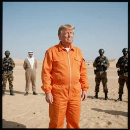Donald Trump wearing an orange jumpsuit captured by Islamic ISIS militants in the desert, Kodak film photo, 8k, highly detailed