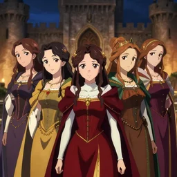 portrait of elegant brunettes as a medieval royalties, medieval castle background, shallow focus, rich vivid colors, ambient lighting, dynamic lighting, 4 k, official media, anime key visual, makoto shinkai, ilya kuvshinov, lois van baarle, rossdraws, detailed, trending on artstation