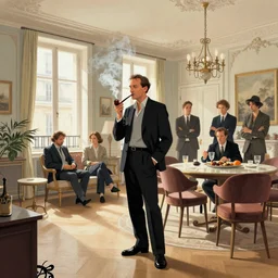 jean - paul sartre smoking a pipe in parisian apartment, extremely detailed, sharp focus, wide view, full body shot, smooth, digital illustration, by james jean, by rossdraws, frank franzzeta, mcbess, sakimichan, brosmin, danton fadeev, steve simpson