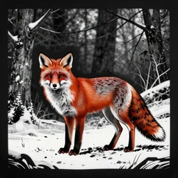 lino cut in black of a red fox in the woods in winter