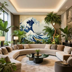luxury living room full of plants and trees by hokusai