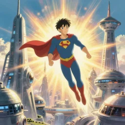 illustration of a super hero flying over an advanced sci-fi building, studio ghibli, ultra hd
