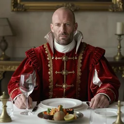 jason statham cast as dijkstra in the witcher netflix series wearing soft red fabric aristocratic clothing, large outfit, royal attire, sitting at dining table, bald head