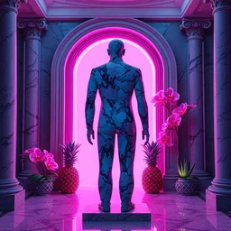 “ a beautiful mannequin made of marble printed in 3 d geometric neon kintsugi!!, facing a giant doorway opening with a neon pink light, vaporwave flowering iridescent pineapples + orchids, inside a room with marble columns, transcendent, vibrant color, clean linework, finely detailed, 4 k, trending on artstation, photorealistic, volumetric lighting, octane render ”