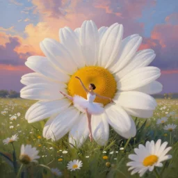giant white daisies flower as head, girl ballet dancing in a flower field, surreal photography, sunrise, dramatic light, impressionist painting, colorful clouds, digital painting, artstation, simon stalenhag
