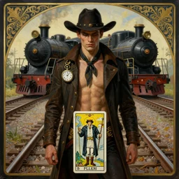 a dramatic ethereal epic symmetrical painting of a handsome villainous cowboy standing in front of railroad tracks with a !!train locomotive!! | he is shirtless and wearing a jacket and he has a pocketwatch | tarot card, art deco, art nouveau, (steampunk), homoerotic, realistic | by Mark Maggiori and ((Alphonse Mucha)) | trending on artstation