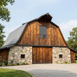 exterior photograph of wood and stone entertainment barn by frank Loyd wright