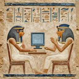 a fragment of ancient egyptian hierographic panel of people using a computer, using a computer in ancient egypti art style, of folks using a computer