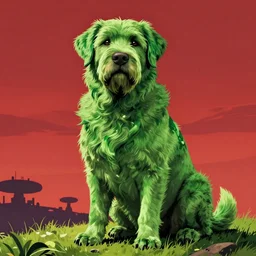 hyperrealist, graphic novel illustration of a bulky green labrador retriever with shaggy green fur with green dye sitting on a grassy hill, with a red sky in the background, pulp 7 0's sci - fi vibes, 9 0's hannah barbara fantasy animation, cinematic, movie still, studio ghibli masterpiece