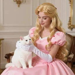 a photo of a princess with long, golden hair wearing a pink dress and long, white gloves sitting on a chair petting her white cat