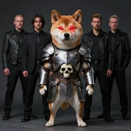 skull armor, anthropomorphic shiba inu, full body portrait, red laser eyes, masterpiece, glowing bright red neon eyes, by donato giancola and greg rutkowski and wayne barlow and zdzisław beksinski, realistic face
