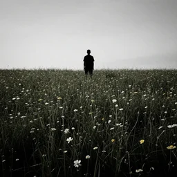 black silhuette looking at you in distance in beautiful meadow of flowers, dslr 8k