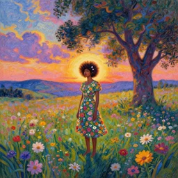 afro made of flowers, full body, girl standing in a field with flowers, surreal photography, hills, big trees, sunrise dramatic light, impressionist painting, colorful clouds, digital painting, pointillism, artstation, simon stalenhag