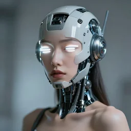 photo of sensual female as a solarpunk mecha humanoid robotic head and face parts with straight fluorescent lamps over face, real human face with skin, ultra - realistic and detailed, long exposure, soft focus hdr 8 k