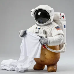 a hybrid half man half potato getting dressed as an astronaut