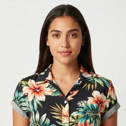 a frontal studio headshot photograph of a beautiful latin woman in her mid 2 0's wearing a button down shirt with tropical floral print shirt, large hoop earrings. yellow backdrop. a simple red paper origami parrot sitting on her shoulder. she has a large lily flower over her mouth.