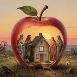 House shaped as an apple, lit by the light of gods, sunrise, hyper detailed, artstation, cgsociety by greg rutkowski and by Gustave Dore