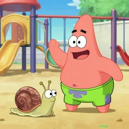 patrick star, fighting gary the snail, on the playground, trending on artstation, hiroaki tsutsumi style