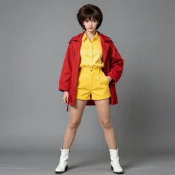 Faye Valentine from Cowboy Bebop, her standard outfit consists of yellow shorts, a matching buttoned shirt, white ankle boots, flesh-colored stockings, and a loose red jacket, photorealistic, highly detailed