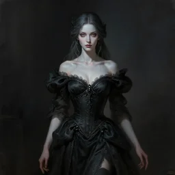 character concept portrait of a female wizard with pale skin, wearing an elegant dress, dark vibe, intricate, elegant, digital painting, concept art, smooth, sharp focus, illustration, by Ruan Jia and Mandy Jurgens and William-Adolphe Bouguereau, Artgerm,