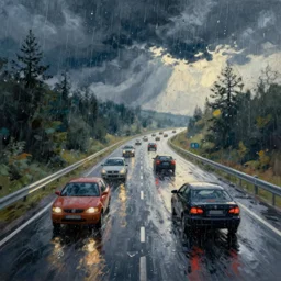 raindrops turning into cars racing down a windows painting by artgerm and greg rutkowski and magali villanueve.