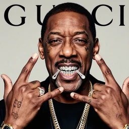 bill cosby as gucci mane face tats gang signs with hands rap album cover art photo realistic lifelike hyperrealism rap music grills in mouth gang signs with hands face tattoos bling bling - n 4
