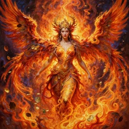 a portrait of godess of fire surounded by flaming phoenix in intricate detailed color smashing fluid oilpaint, 3 d render, hyper realistic detailed portrait, color leaves, ruan jia, wlop. scifi, fantasy, hyper detailed, octane render, concept art, intense colors by peter mohrbacher, by wlop, by ruan jia, by alphonse mucha