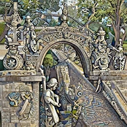an old stone bridge with sculptures, trees in the background, art by James Jean and Wayne Barlowe, high detail, cinematic, cgsociety 8k