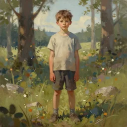 a portrait of a boy standing in the center of a painting from stalenhag, 4 k, 8 k, hdr, artstation, concept art
