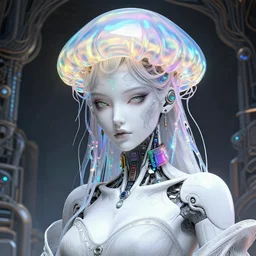 portrait of an absurdly beautiful, graceful, sophisticated, fashionable cyberpunk mechanoid, hyperdetailed illustration by irakli nadar, matt wisniewski style, intricate linework, white porcelain skin, iridescent jellyfish headdress, day - glow face paint, multi colored electronic collar, unreal engine 5 highly rendered, global illumination, radiant light, detailed and intricate environment