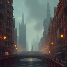 a retrowave digital art of a victorian - era street with tall and intricate buildings, a bridge, a river, beautiful digital art, filthy, volumetric lighting, thick smog, steam, orange street lamps, highly detailed, professional