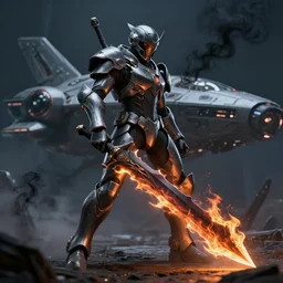 futuristic armored warrior with shadow flame blade with black smoke coming off of it, spaceship in background,