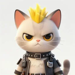 a cute cartoon cat with a collar and a yellow mohawk mane, defiant and beautiful, andro, mechanic punk outfit, detailed portrait illustration