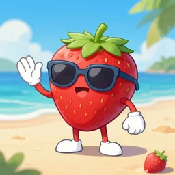 Strawberry character with sunglasses on the beach