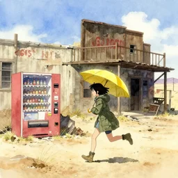 deserted dusty junk town, a girl with a parka and a yellow parasol is running, broken vending machines, scene from the movie Ghost in the shell, watercolor watercolor