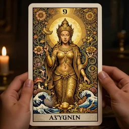 masterpiece with intricate designs, tarot card, a mandelbulb fractal scarlett johansson, southeast asian diety statue, full of golden layers, flowers, clouds, vines, mushrooms, swirls, curls, wave by Hokusai and Mike Mignola, trending on artstation, elaborate illustration,  beautiful hands close to a candle in dark room,  cinematic, powerful, moon beams dramatic light, highly, intricate  elements, detailed, digital painting, artstation, concept art, sharp focus, illustration, art by artgerm