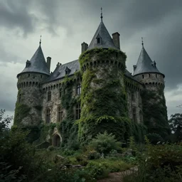 wide angle shot of an old castle covered by plants with moody and cinematic lighting by greg ruthkowski and craig mullins and caspar david friedrich, cinematic and atmospheric, concept art, artstation, trending on artstation