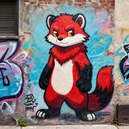 photo [ far ], subject [ furry _ fandom _ fursona _ original _ character ( red - black _ fur _ palette, anthropomorphic _ furry, weasel - ferret - stoat ) ], medium [ graffiti, wall ], location [ chicago ( alley ) ]