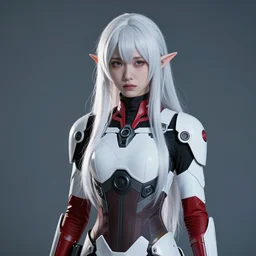 portrait of a woman by ayami kojima, she is about 2 0 years old, elven like appearance, straight white hair, surreal beauty, very tall and slender, sad look, wearing a futuristic tactical gear colored in white and red, sharp focus, cinematic lighting, artstation hq.