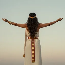 an incan priestess, seen from behind, with arms wide open in front of the sky, symetrical, art by christophe vacher