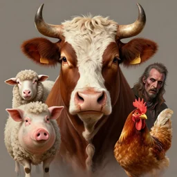 a hyper detailed full face portrait of joaquin phoenix as the king of animals, cow, pig, sheep, chicken, horror, by anna podedworna, by miklos ligeti, by diego maricato, by taran fiddler, on artstation