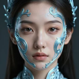 intricate highly detailed face portrait of asian - european woman, light blue metal vines on her face, intricate, cgsociety, unreal engine, octane render, sharp focus, smooth, volumetric lighting, cinematic composition, artstation