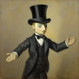 a painting of a marionette puppet wearing a top hat and a suit by artgerm