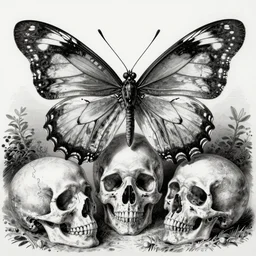 Skeletal Butterfly detailed anatomical illustration by Ernst Haeckel, black and white, realistic vintage engraving, Art Nouveau, Ernst Haeckel, skulls, bones, Memento Mori