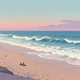 graphic novelfull page illustrations of dreamy desolate beach scenes on a hot summer evening, by carel willink and gregory crewdson, big waves, surf