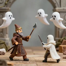 funny medieval mage fighting ghosts, stop - motion figures
