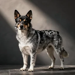 a dog with a black head, grey and white body, with a black spot on it's side. photo