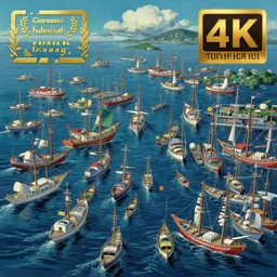 sharp focus, breath taking beautiful, aesthetically pleasing, gouache ocean and boats, digital concept art background by hayao miyazaki and studio ghibli, fine art, official media, illustration, ambient lighting, hdr, 4 k, 8 k, cinematic, high quality art, award winning, trending, featured, masterful, dynamic, energetic, lively, elegant, intricate, complex, highly detailed, richly textured, rich vivid color, masterpiece.