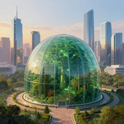 city art of liberland with humongous green glass dome with forest inside and path around it and humongous futuristic glass buildings built in the horizon, sunset light, hyperdetailed, artstation, painting by gaston bussiere, craig mullins, j. c. leyendecker, 8 k