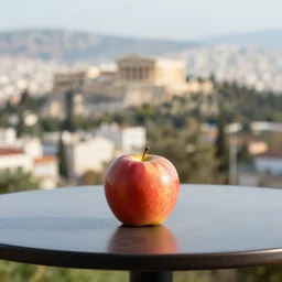 an apple is on a table overlooking the city of athens with a blurred background